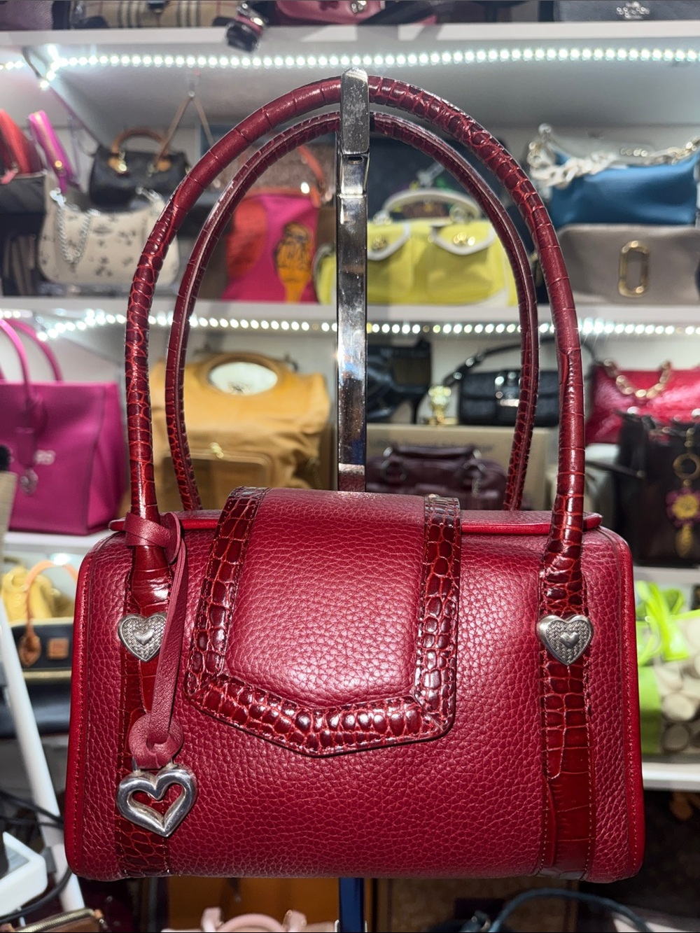 Brighton Rare shoulder bag Red Textured Leather Satchel with Heart Charm